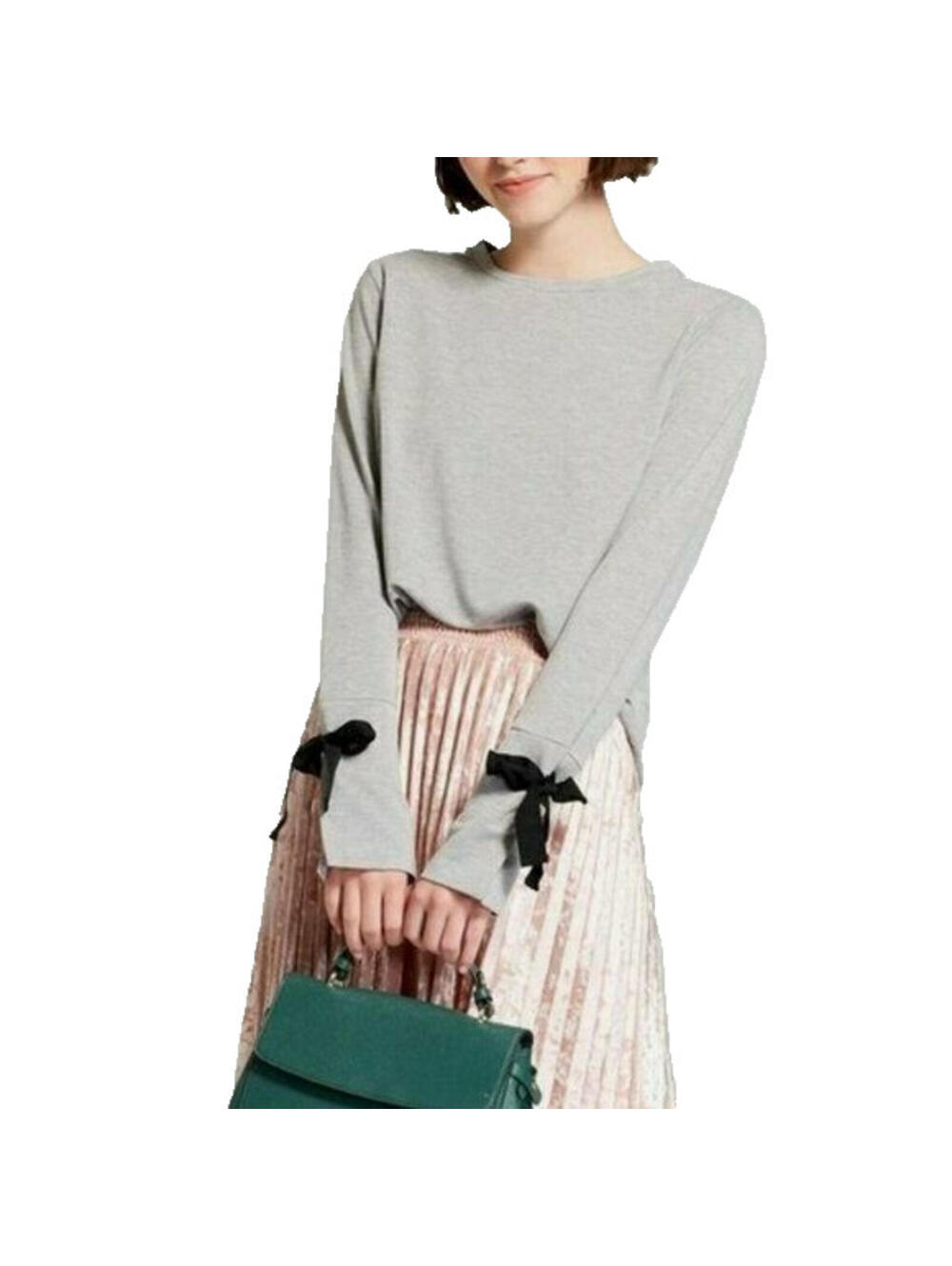 NWT A New Day Gray Black Bow Grommet Tie Long Sleeve Shirt Knit Top Sweatshirt L